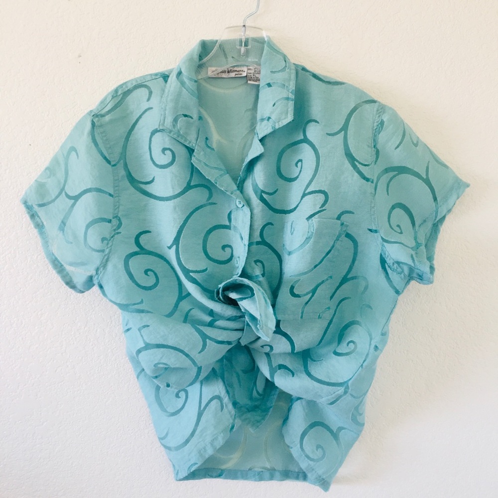 🐳VTG Y2K sheer aqua blue button down shirt